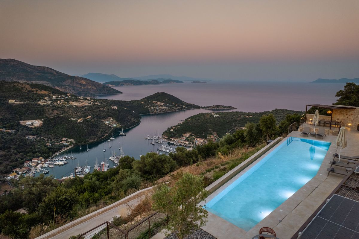 Aerial view of Villa Mulberry with infinity pool overlooking Sivota Bay, Lefkada