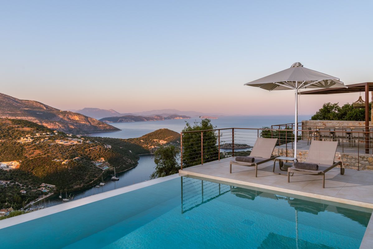 Villa Mulberry exterior with 18m infinity pool and panoramic sea views