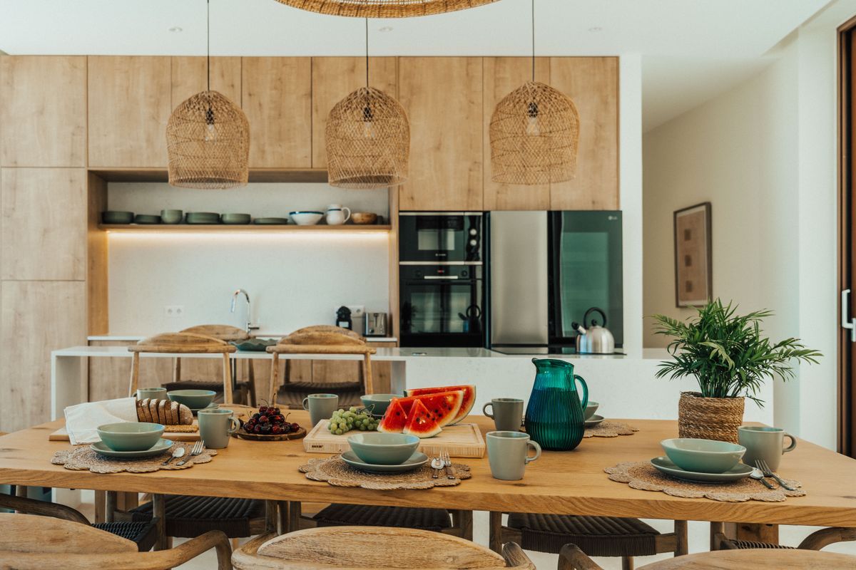 Kitchen dining area with sea views at Villa Mulberry Lefkada